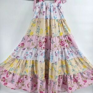 FANCY Tiered Maxi Dress Small Floral Patchwork Tie Shoulder Boho fairy cottage